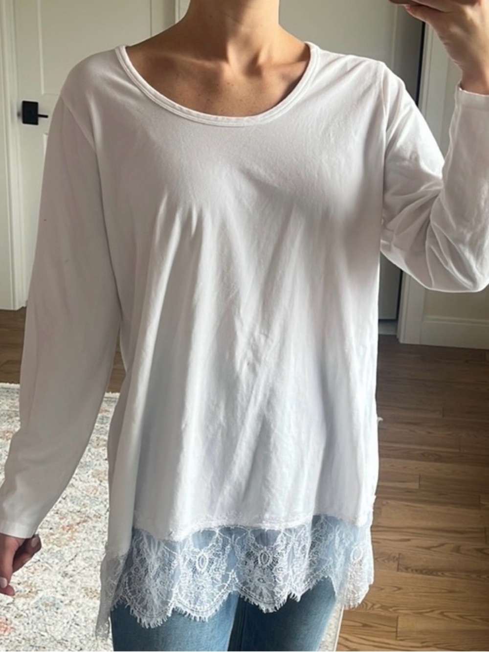 Women's 1X Soft Surroundings White Floral Lace Hem Long Sleeve T-Shirt Tee